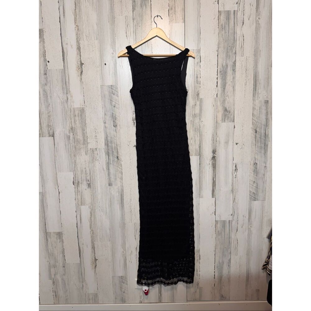 Fashion Nova Black Crochet Maxi Dress Women’s Size M – Sheer Overlay, Lined, Sle